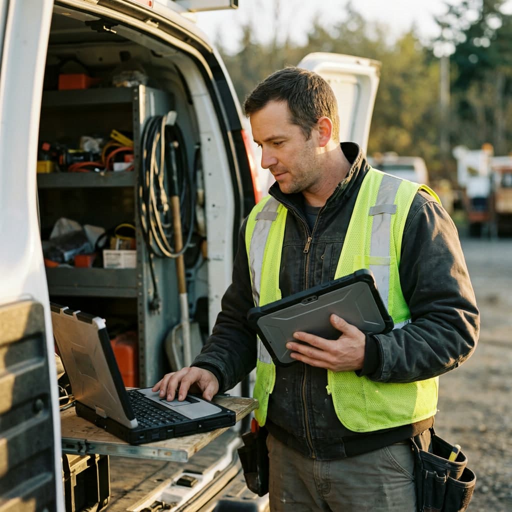 A field technician in a hi-vis vest types on a rugged laptop at the back of his work van, a rugged tablet under his arm.