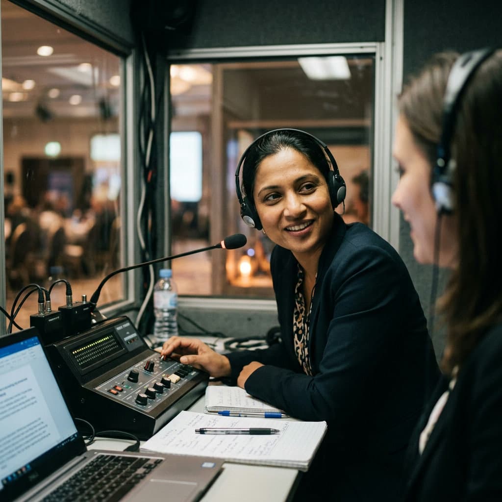 An interpreter in a booth, headset on, smiles at a colleague with her hand on the console.