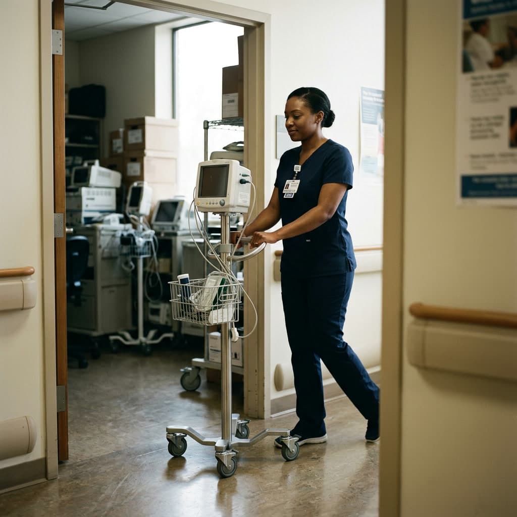 A nurse wheels a portable patient monitor on a stand out of an equipment room.
