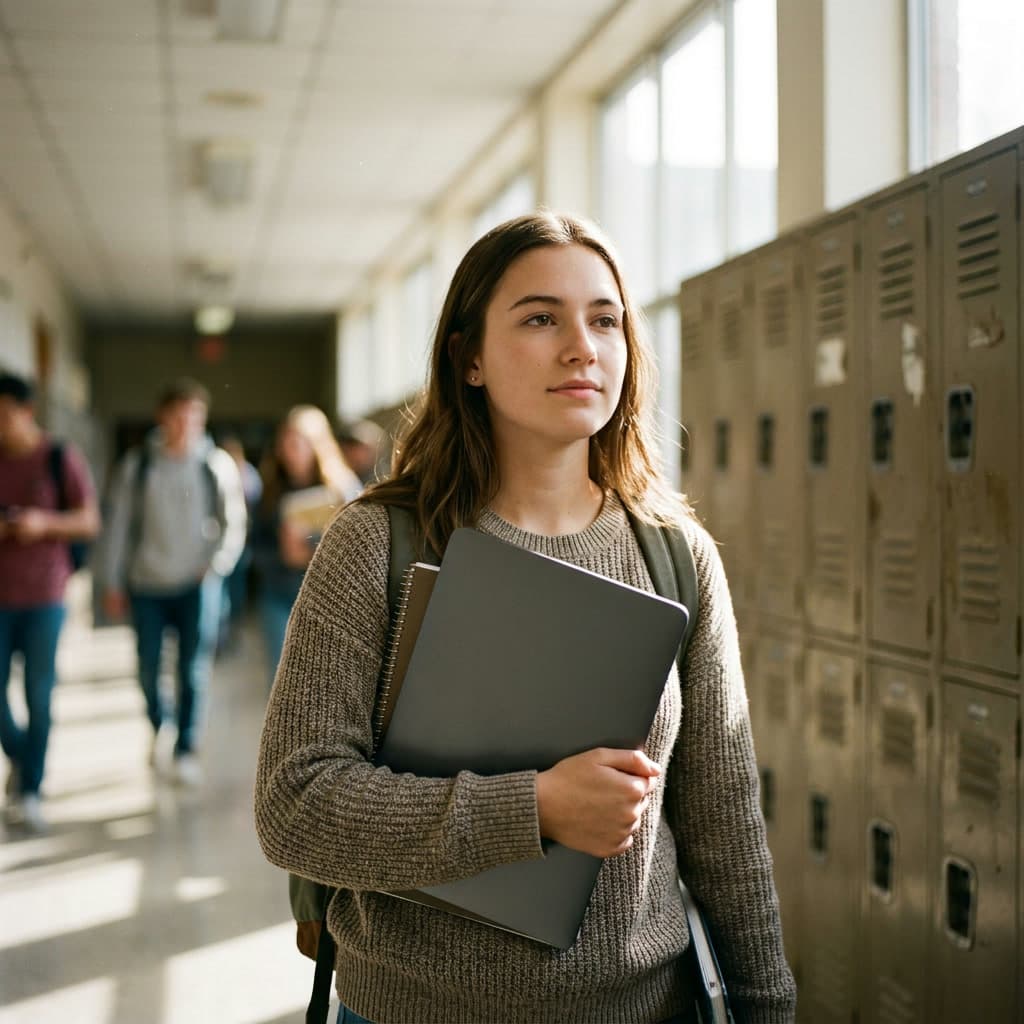 A student walks down a school corridor past lockers, holding a closed laptop.