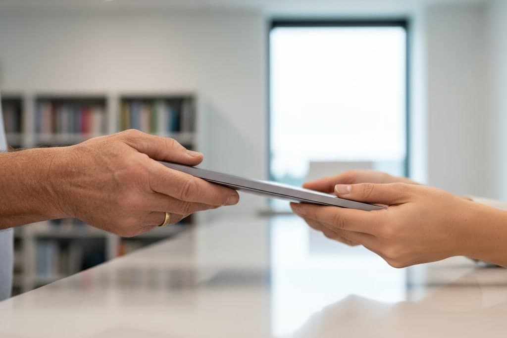 Two hands pass a tablet across a white reception counter.