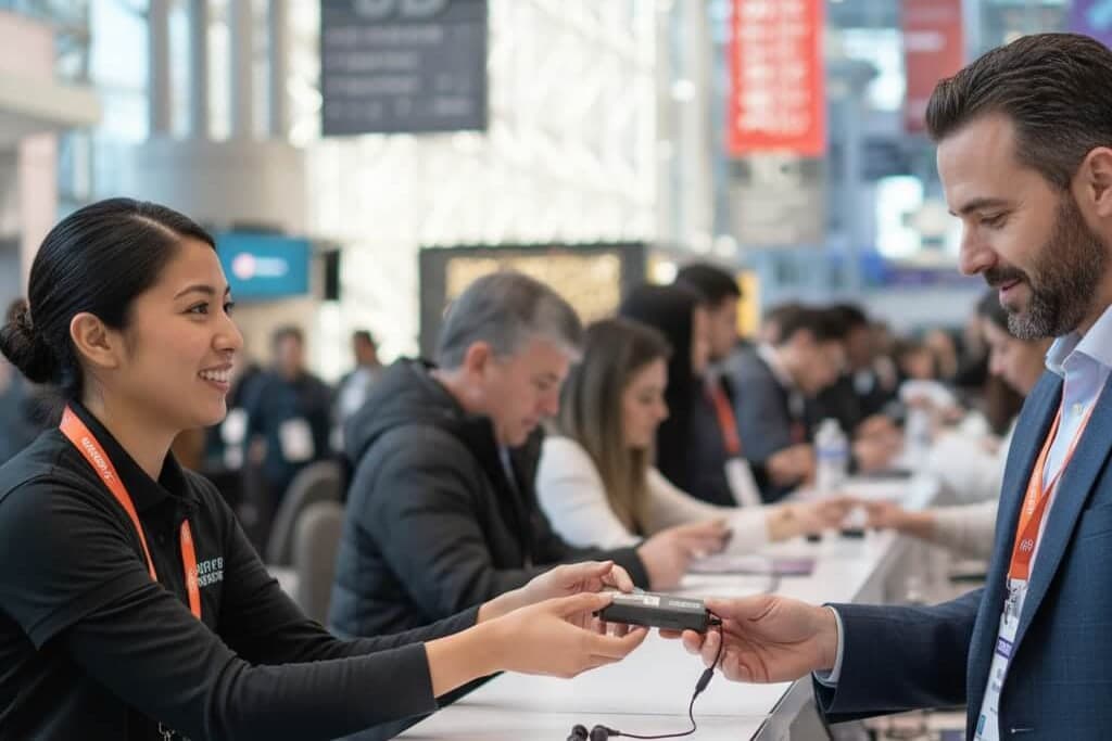 A staff member at a registration desk smiles as she hands a small receiver with earbuds to an attendee.