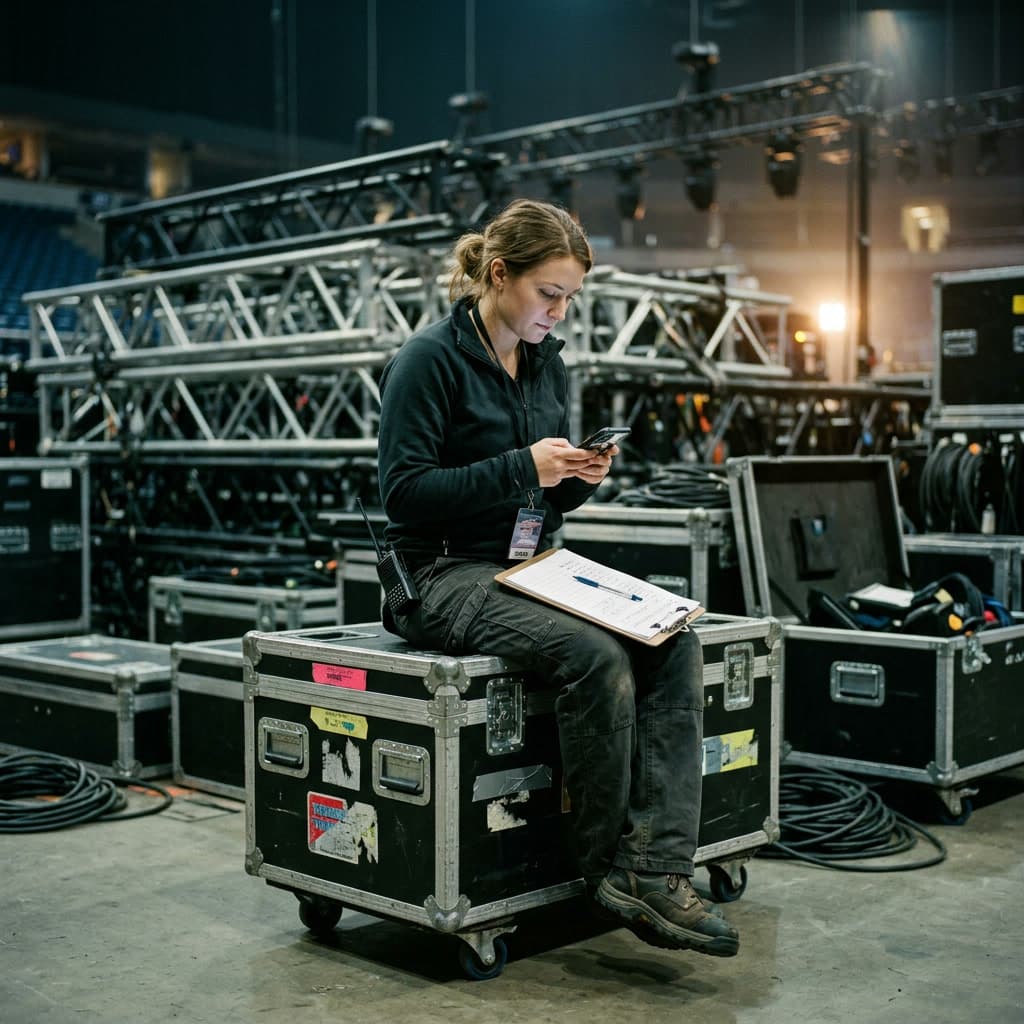 A crew member sits on a road case in an arena, checking her phone beside open flight cases and lighting truss.