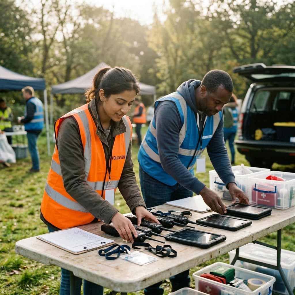 Two volunteers in safety vests lay out radios and tablets on a folding table outdoors.