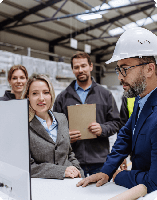 Employees looking at a screen in warehouse