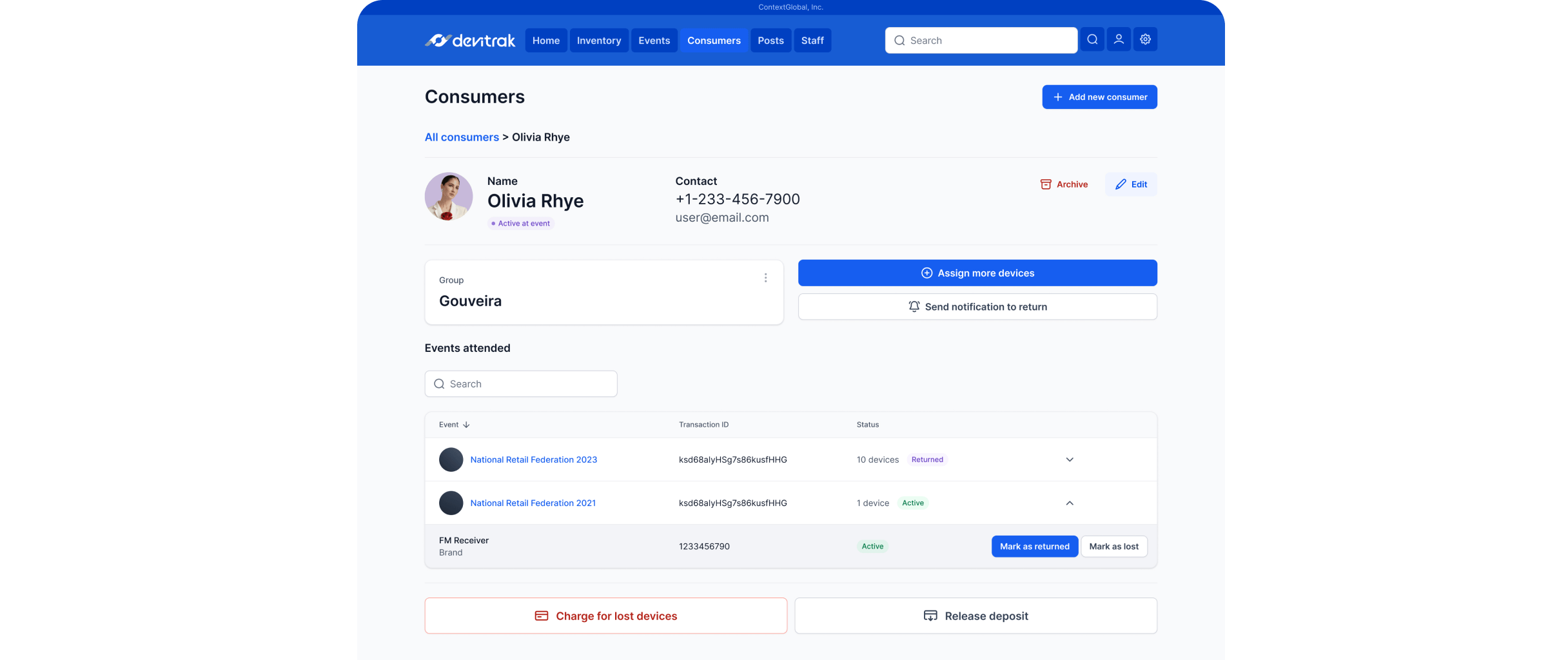 A consumer's landing page with all the features in Devitrak.