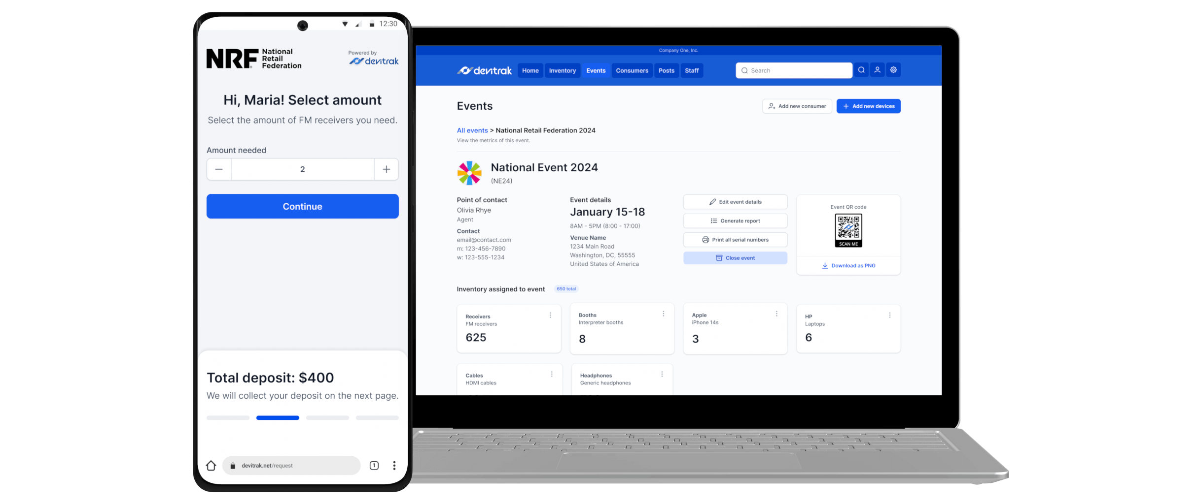 An example showing the mobile and desktop interfaces of Devitrak's event tracking features.