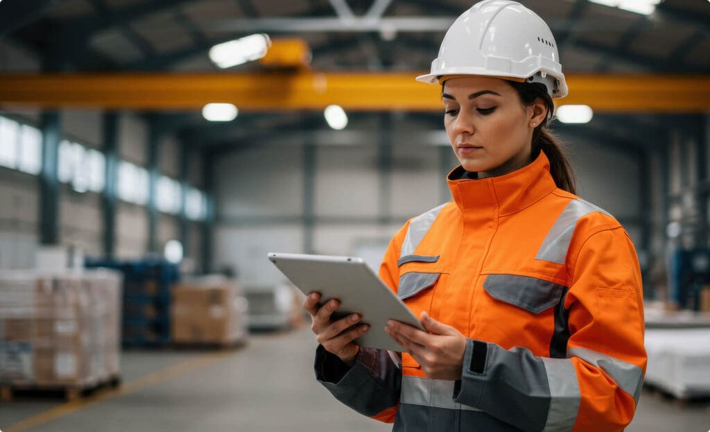 Woman in warehouse looking at tablet. There are boxes in the foreground.
